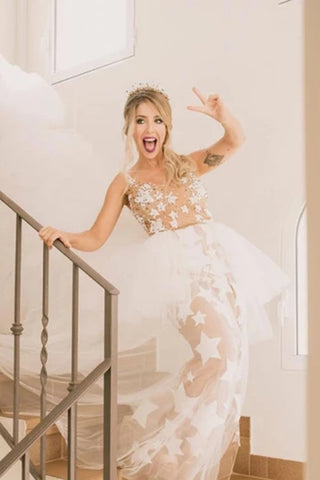 Unique See Through Ivory Stars Lace Pattern Bridal Dress Edgy Wedding Dresses