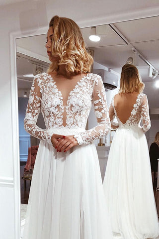 Simple A-line V-neck Open Back Ivory Lace Long Sleeves Wedding Dresses