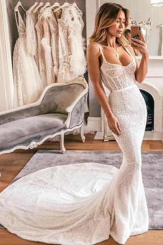 Boho Mermaid Scoop Neck Open Back Ivory Lace Wedding Dresses with Train, Vintage Wedding Dresses