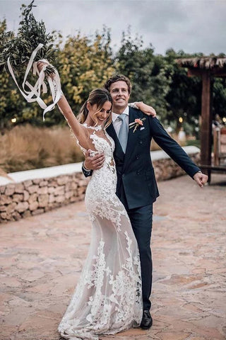 Lace Appliques See Though Mermaid Rustic Wedding With Sleeves