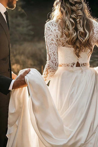 Two Piece Round Neck Lace White Chiffon Wedding Dress With Long Sleeves