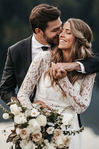Two Piece Round Neck Lace White Chiffon Wedding Dress With Long Sleeves