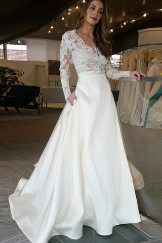 Elegant A-line V-neck Long Sleeves White Floor-length Wedding Dress With Lace