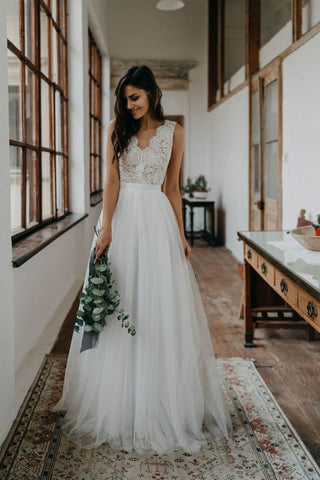 Simple A-ine V-neck Open Back Tulle & Lace Wedding Dresses,Beach Wedding Dresses
