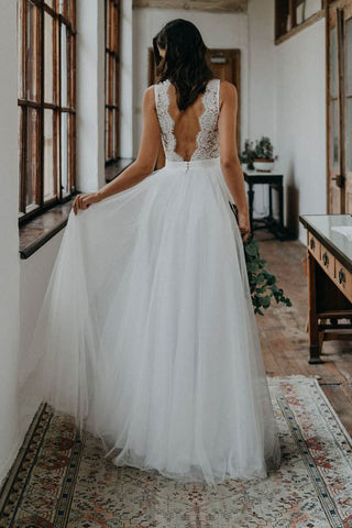 Simple A-ine V-neck Open Back Tulle & Lace Wedding Dresses,Beach Wedding Dresses