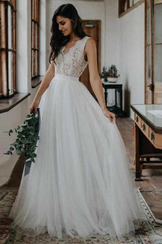 Simple A-ine V-neck Open Back Tulle & Lace Wedding Dresses,Beach Wedding Dresses