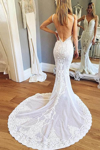 Mermaid V-neck Open Back Lace Wedding Dresses with Train, Gorgeous Wedding Dresses