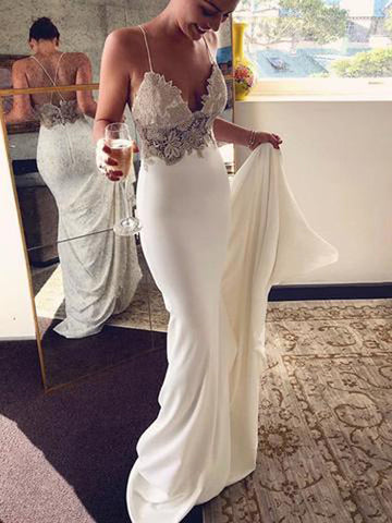 Mermaid V-neck Spaghetti Straps Soft Satin Lace Wedding Dresses,Beach Wedding Dresses