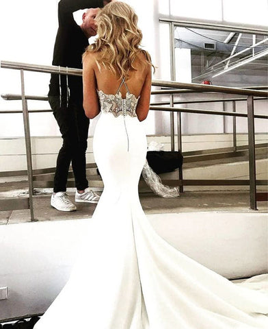 Mermaid V-neck Spaghetti Straps Soft Satin Lace Wedding Dresses,Beach Wedding Dresses