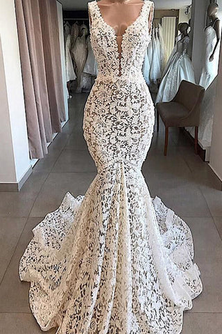 Vintage Meerjungfrau V-Ausschnitt Offener Rücken Elfenbein Spitze Brautkleider, Elegantes Hochzeitskleid
