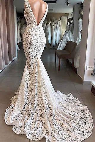 Vintage Meerjungfrau V-Ausschnitt Offener Rücken Elfenbein Spitze Brautkleider, Elegantes Hochzeitskleid
