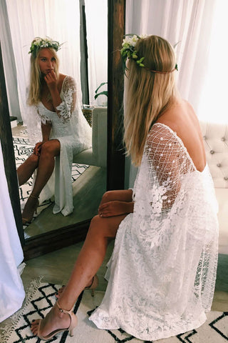 Batwing Sleeve Lace Rustic Wedding Dresses Ivory Sheath Boho Wedding Dresses