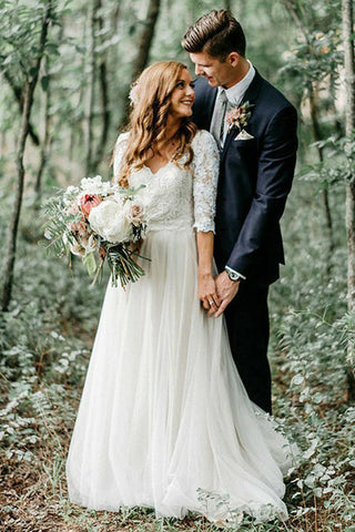 A-line V-neck Open Back Half Sleeves Long Wedding Dresses, Fairy Wedding Dresses