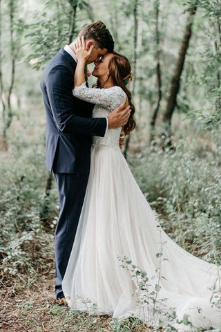 A-line V-neck Open Back Half Sleeves Long Wedding Dresses, Fairy Wedding Dresses