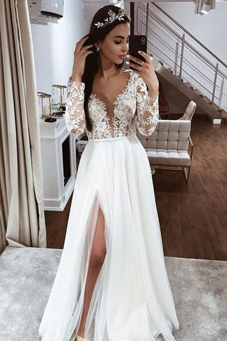 Simple A-line V-neck Open Back Long Sleeves Lace Wedding Dresses with Split
