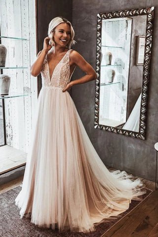 Elegant V-neck Open Back Lace Wedding Dresses, Simple Wedding Dresses