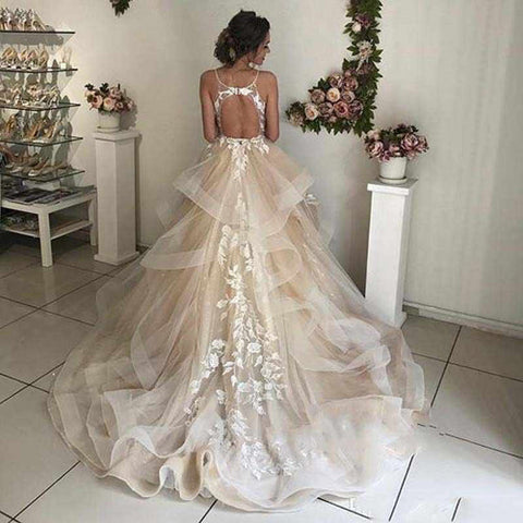 Elegant V-neck Spaghetti Straps Ruffled Tulle Lace Long Wedding Dresses