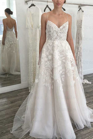 Simple Sweetheart Spaghetti Straps Ivory Wedding Dresses with Lace,Appliques with Wedding Gowns