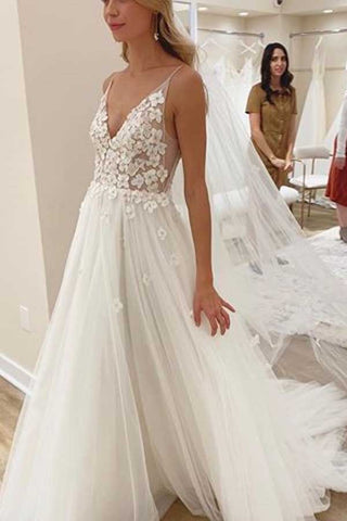 Ivory Flowers Wedding Dress with Unlined Bodice and V-neck Neckline