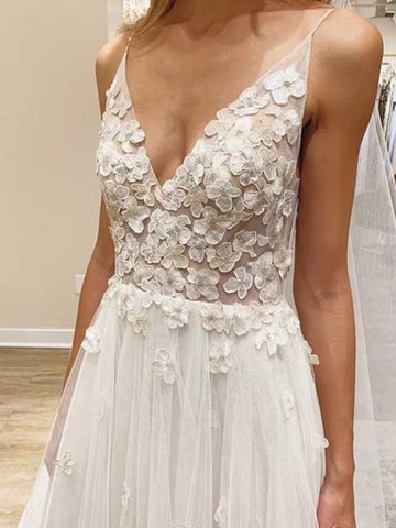 Ivory Flowers Wedding Dress with Unlined Bodice and V-neck Neckline
