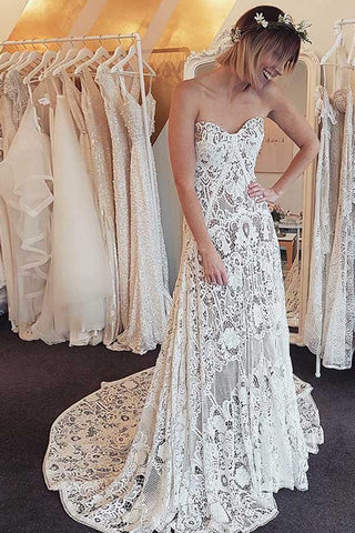 Elegante Meerjungfrau Sweetheart Spitze lange Brautkleider, Boho Strand Brautkleider, MW419