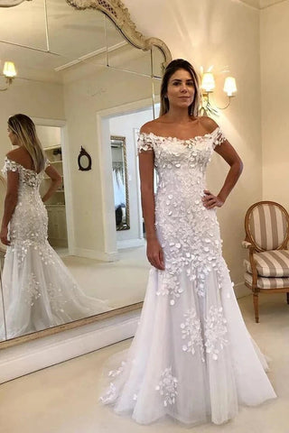 Off Shoulder Lace Mermaid Long Wedding Dresses Online,Cheap Bridal Dresses