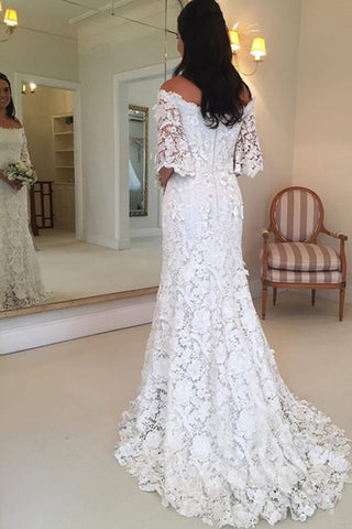 Off Shoulder Lace Short Sleeves Cheap Wedding Dresses Online,Cheap Bridal Dresses