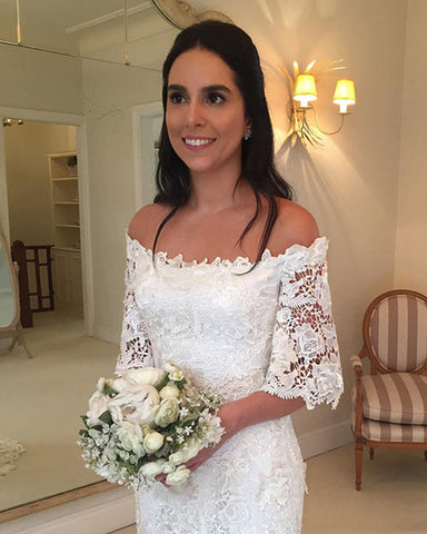 Off Shoulder Lace Short Sleeves Cheap Wedding Dresses Online,Cheap Bridal Dresses
