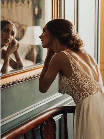 Cheap Tulle A-line V-neck Backless Sweep Train Wedding Dress with Pearls