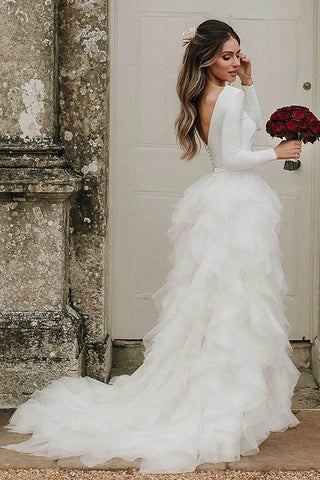 A-Line Long Sleeves High Neck Ruffles Tulle Elegant Wedding Dress