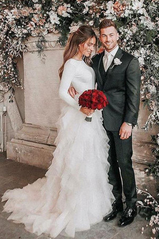 A-Line Long Sleeves High Neck Ruffles Tulle Elegant Wedding Dress
