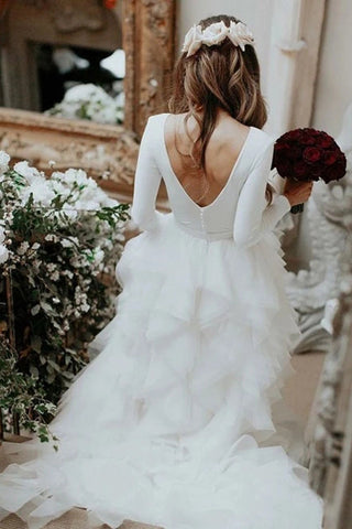 A-Line Long Sleeves High Neck Ruffles Tulle Elegant Wedding Dress
