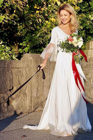 Satin A-line V-neck V Back 3/4 Sleeves Boho Wedding Dress with Lace
