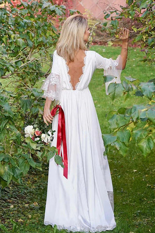 Satin A-line V-neck V Back 3/4 Sleeves Boho Wedding Dress with Lace