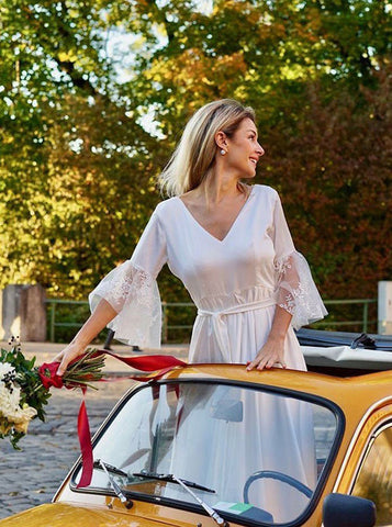 Satin A-line V-neck V Back 3/4 Sleeves Boho Wedding Dress with Lace