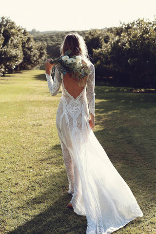 Open Back Wedding Dresses Beautiful Lace Backless Long Sleeve Bridal Gown