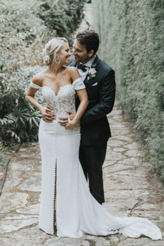 Off The Shoulder Mermaid Sweetheart Chiffon Wedding Dress with Split