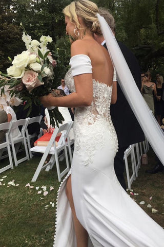 Off The Shoulder Mermaid Sweetheart Chiffon Wedding Dress with Split