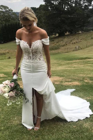 Off The Shoulder Mermaid Sweetheart Chiffon Wedding Dress with Split