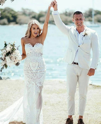 Sweetheart Sheath Lace Appliques Court Train Beach Wedding Dress