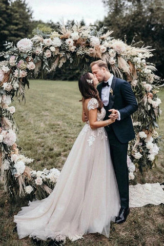 Cap Sleeves Deep V-neck Lace Appliques A-Line Rustic Wedding Dress