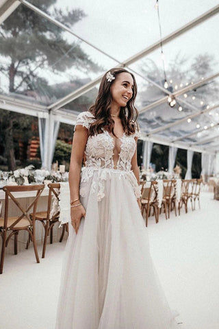 Cap Sleeves Deep V-neck Lace Appliques A-Line Rustic Wedding Dress