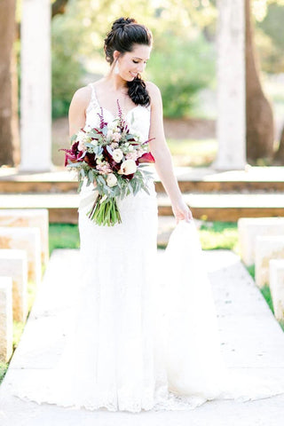 Spaghettiträger V-Ausschnitt Meerjungfrau Spitze Brautkleid Rustikales Hochzeitskleid