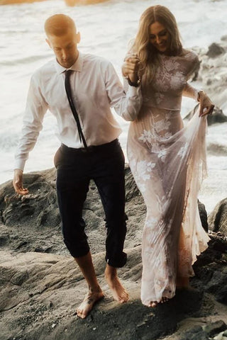 Wonderful Backless A-line Long Sleeves Wedding Dress Boho Bridal Gowns