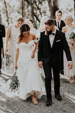 Appliqued Tulle Wedding Dresses Sweep Train A-line Long Bridal Gowns