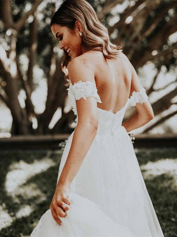 Appliqued Tulle Wedding Dresses Sweep Train A-line Long Bridal Gowns