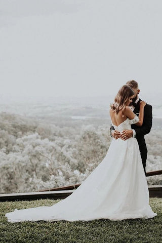 Appliqued Tulle Wedding Dresses Sweep Train A-line Long Bridal Gowns