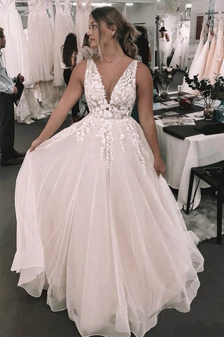 Foral Romantic Deep V-neck Appliqued Backless Bridal Gown Wedding Dress
