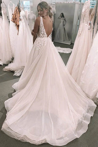 Foral Romantic Deep V-neck Appliqued Backless Bridal Gown Wedding Dress