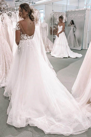 V-neck Ball Gown Wedding Dress with Short Sleeves Backless Appliqued Bridal Gown